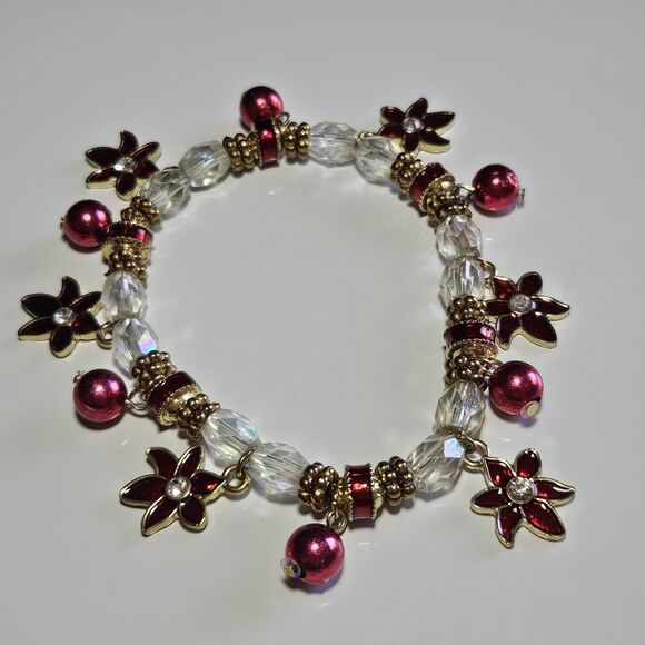 Christmas Gold Tone Red Poinsettia Red Balls Stretch Bracelet Glass Beads 7.5" - Picture 14 of 15